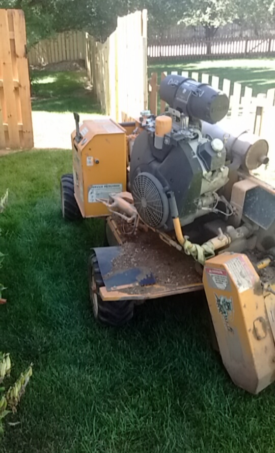 stump-8853438092958274249 photo of tree stump grinding machine fitting through a small gate at a customers house before doing stump removal services in Omaha, NE.